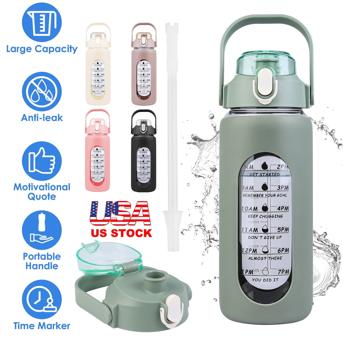 64Oz Glass Water Bottle Sports Water Bottle Motivational Water Bottle Water Intake Tracker Bottle with Straw Time Marker Silicone Sleeve Handle for Gy