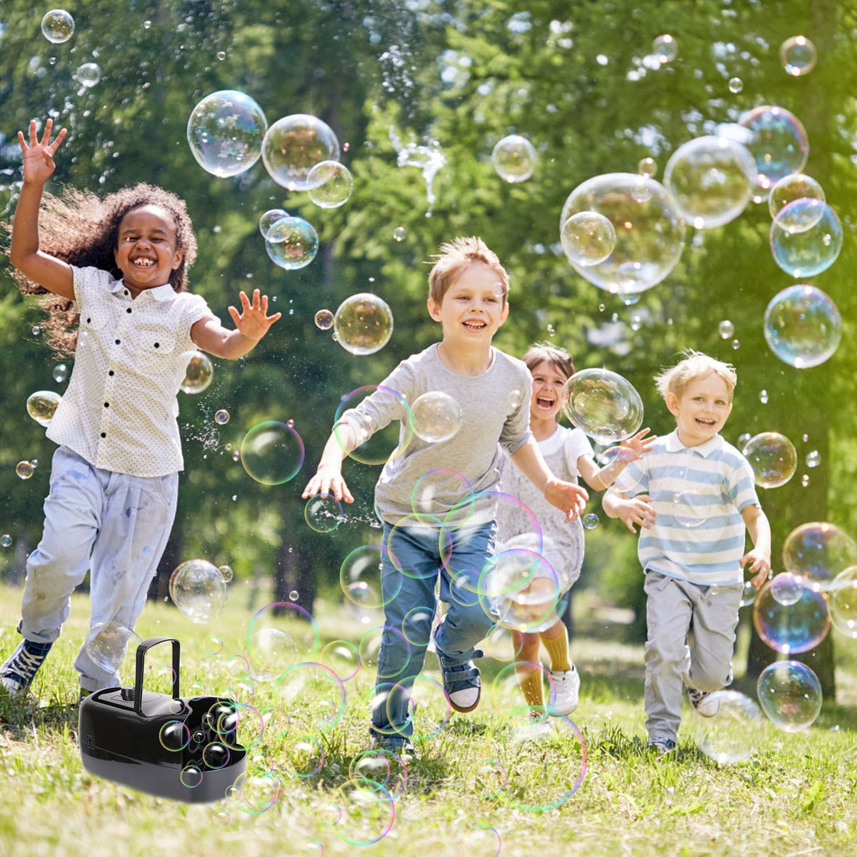 Bubble Maker Automatic Bubble Blower Portable Bubble Blowing Machine with 2 Speeds Handle 3000-4000 Bubbles Per Minute Plug-In Battery Powered