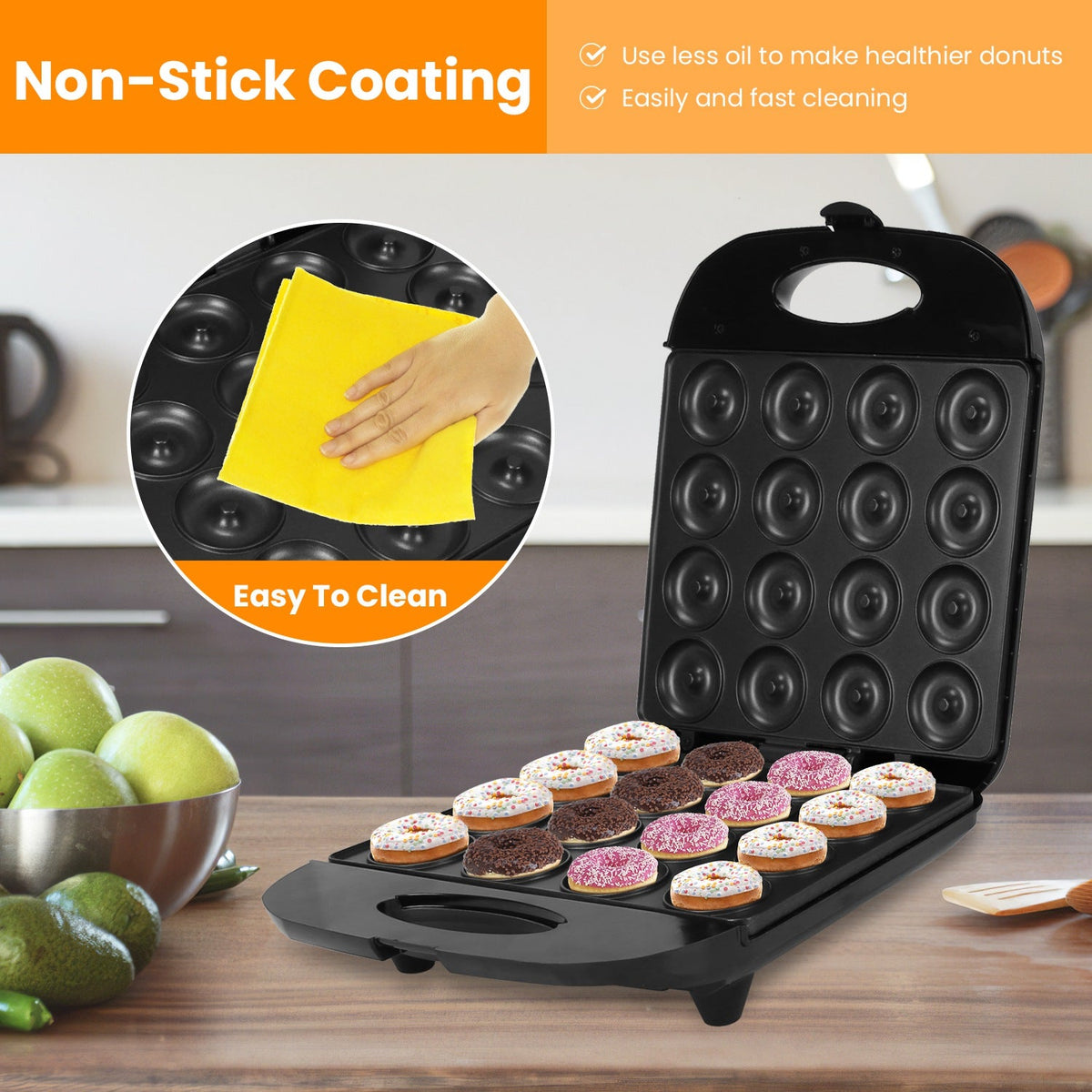 Mini Donut Maker Machine For Kids Snack Breakfast Desserts With 16 Doughnuts Holes Non Stick Coating Double-Side Heating Plates Overheating Protection