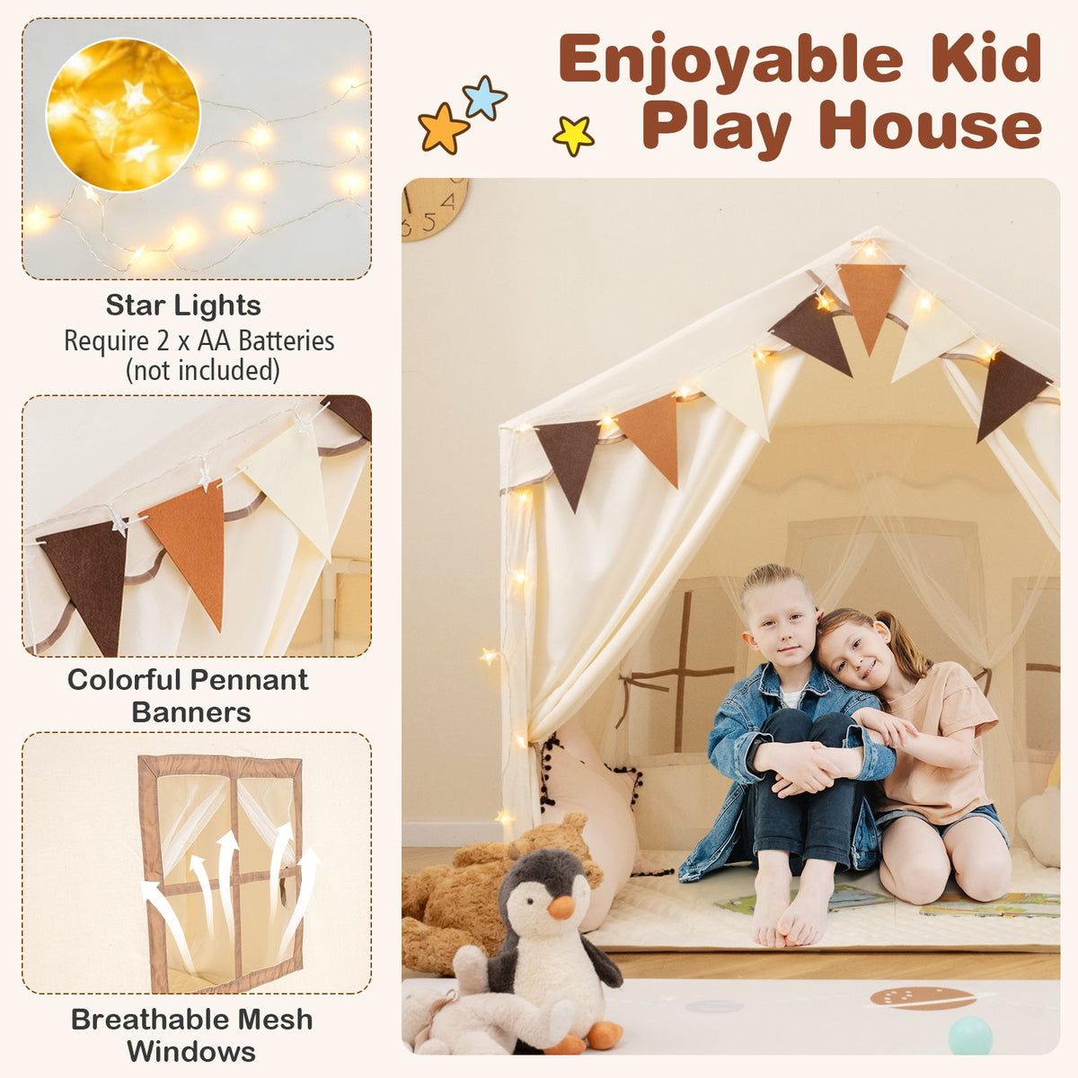 3-4 Kids Large Play Tent House with 2 Opening Doors and Star Lights-Beige