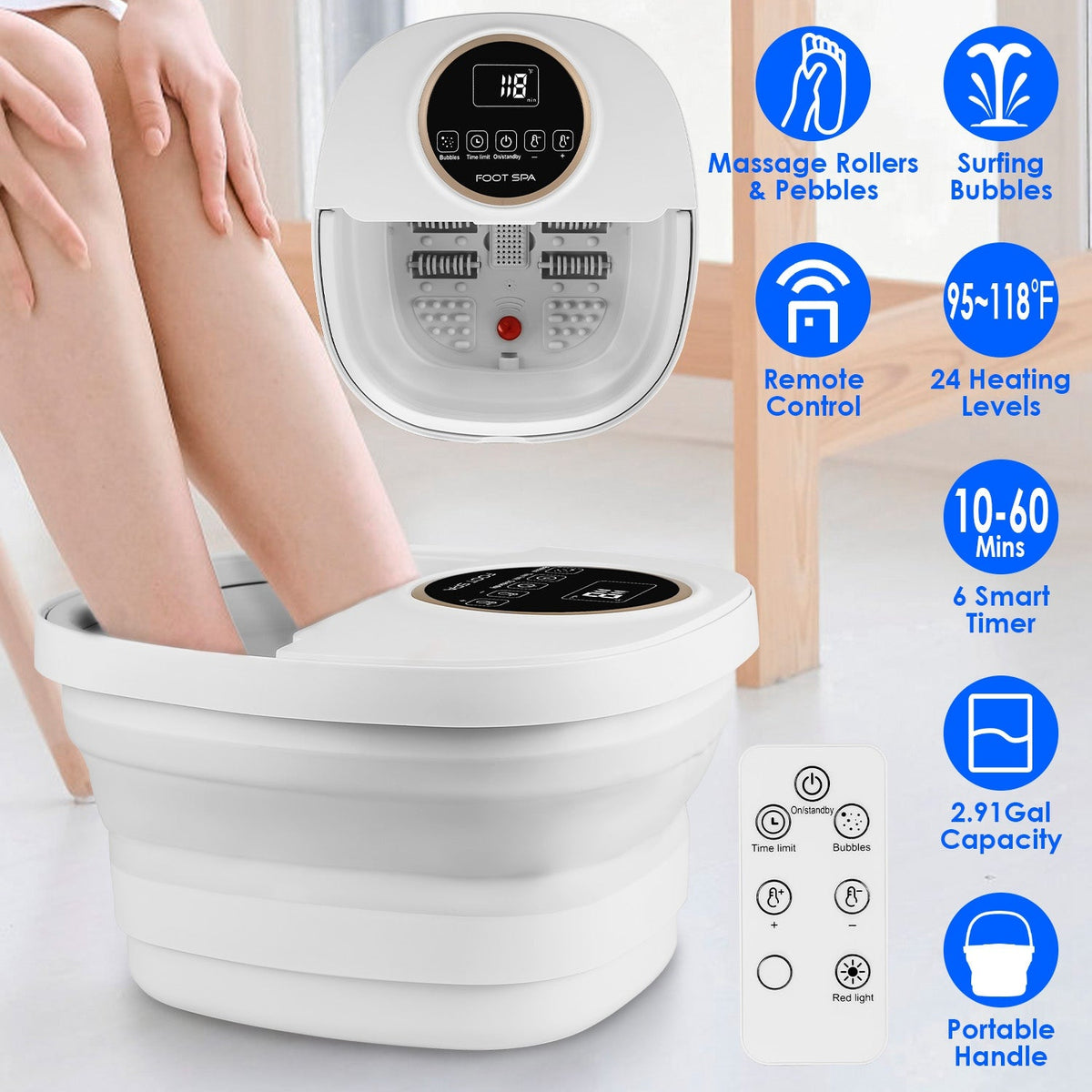 Collapsible Foot Spa Massager Electric Foldable Foot Soaker Tub with Remote Control Handle Surfing Bubbles 24 Heating Levels 6 Timer 6 Massage Rollers
