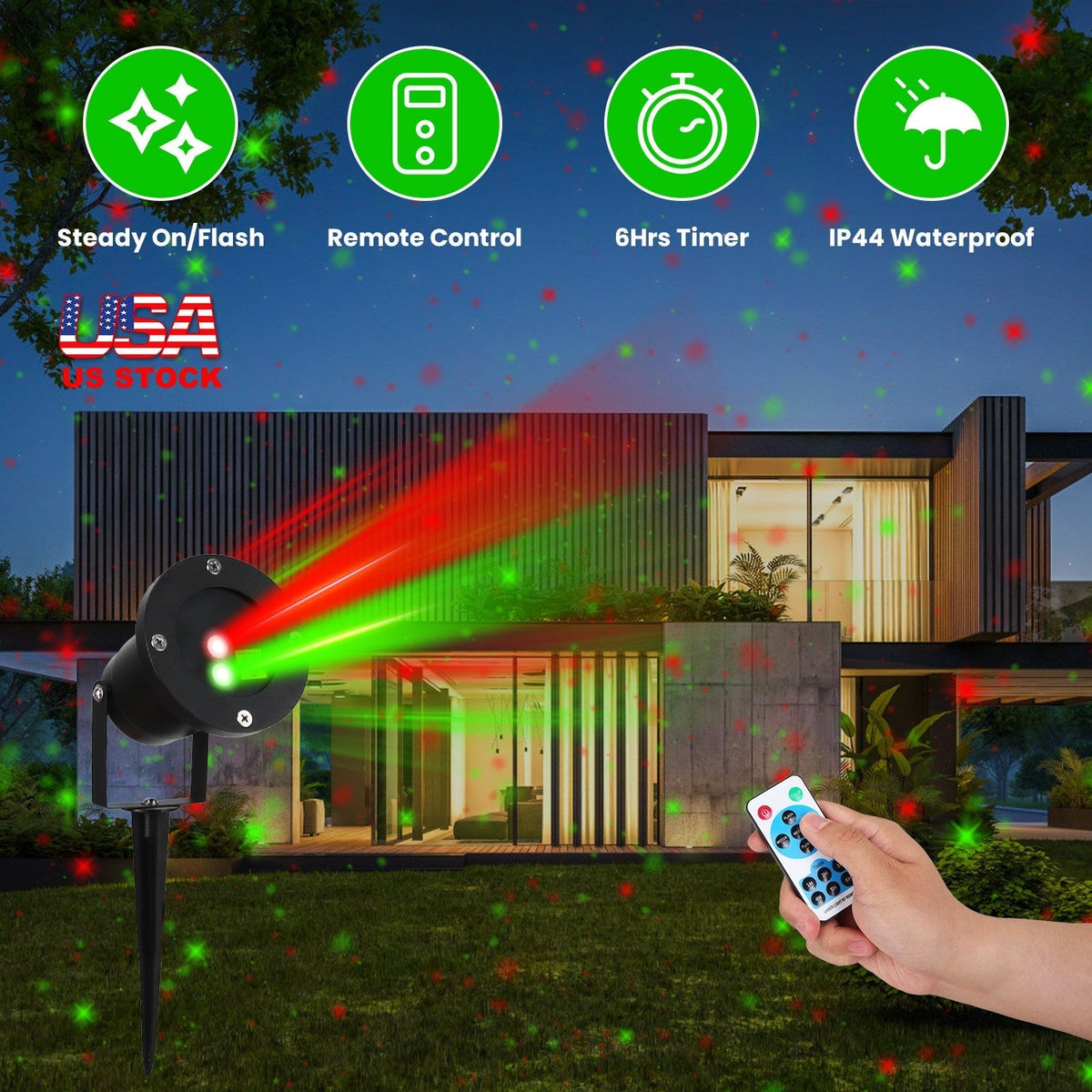 Outdoor Laser Projector Light Red and Green Projection Light with 3 Modes 12 Speeds 6Hrs Timer IP44 Waterproof Firefly Landscape Light for Christmas H