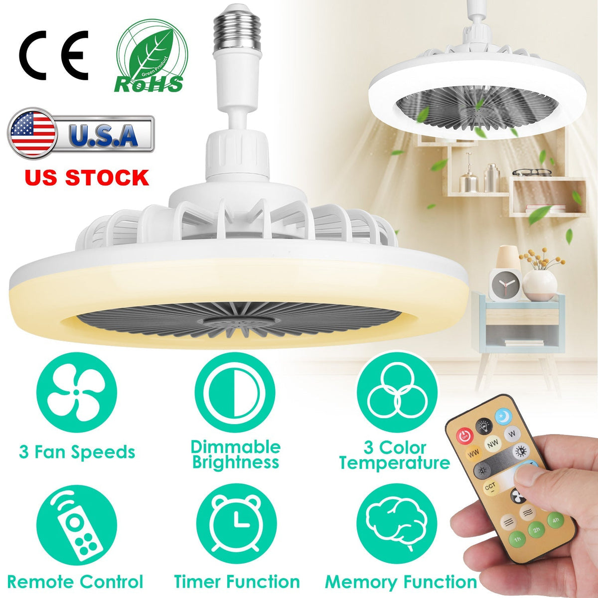 Ceiling Fan With Lights Remote Control 9.44in E27 Socket Fanlight with Dimmable Dimming Light Color Brightness 3 Fan Speed Timer Function