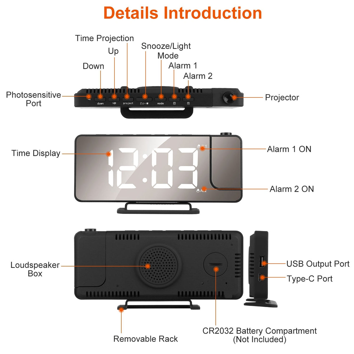 Projection Alarm Clock LED Digital Alarm Clock with Dual Alarms Snooze Function 6 Dimmer 12/24 Hour USB Port 7.7In Mirror
