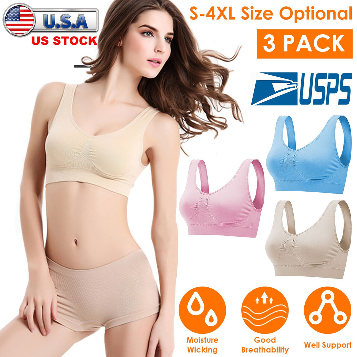 3 Pack Sport Bras For Women Seamless Wire-free Bra Light Support Tank Tops For Fitness Workout Sports Yoga Sleep Wearing