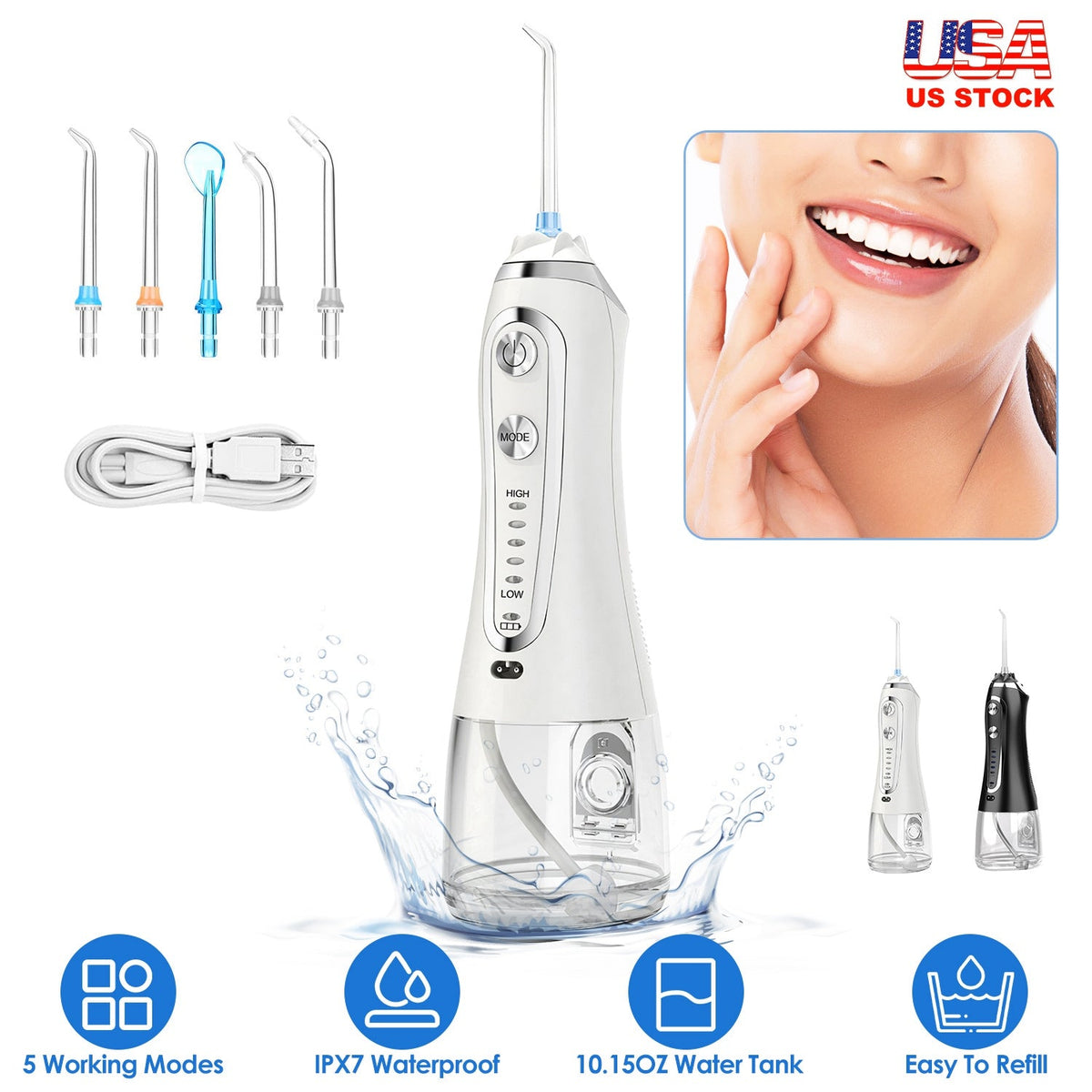 Portable Water Dental Flosser Cordless Rechargeable Dental Oral Irrigator IPX7 Waterproof Teeth Cleaner with 5 Modes 5 Nozzles 10.14oz Detachable Wate