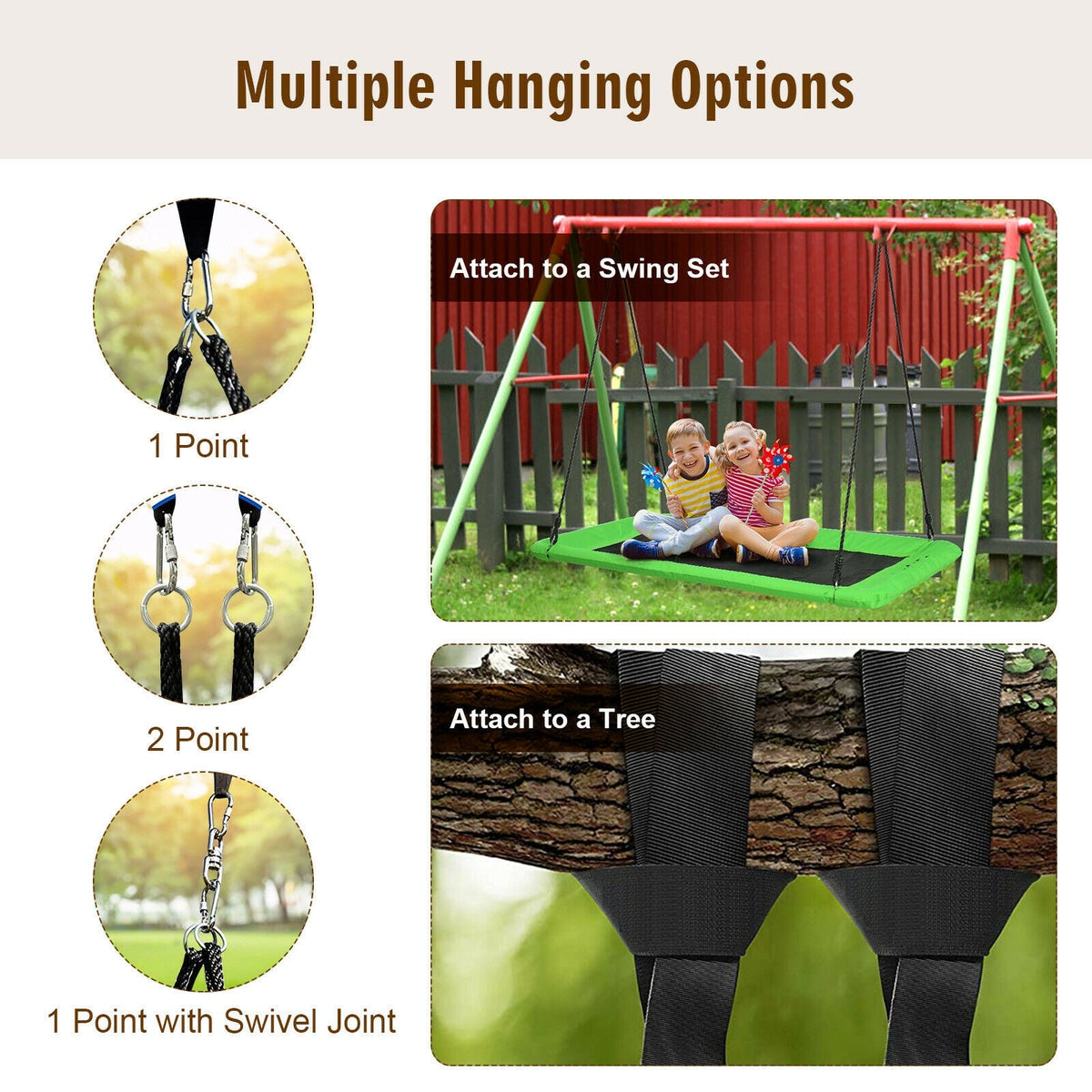 60 Inches Platform Tree Swing Outdoor with 2 Hanging Straps-Green