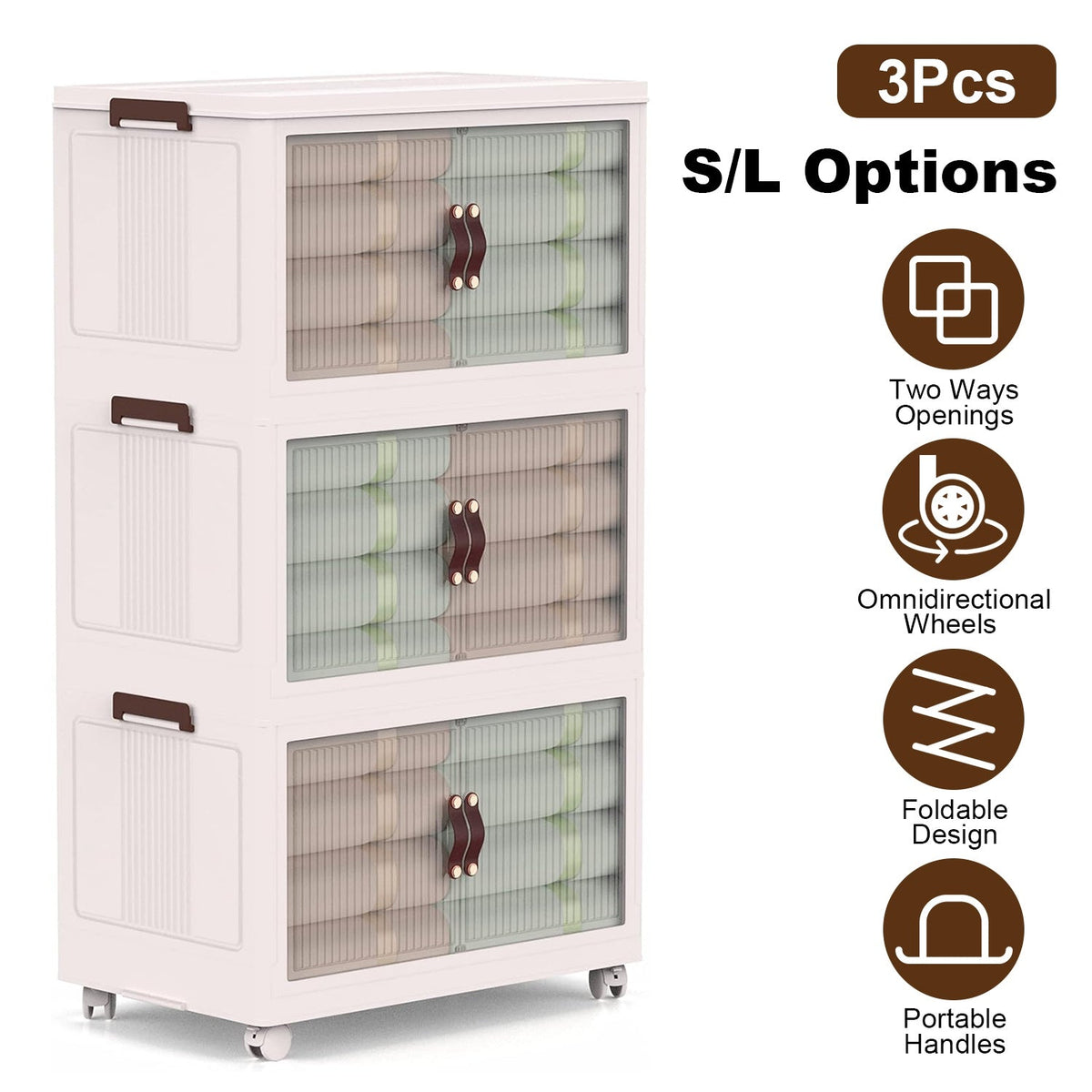 3Pcs Foldable Storage Bins with Lid Front Magnetic Door Collapsible Stackable Closet Organizer Containers with 4Pcs 360¡ Rotatable Wheels 8Pcs Small W