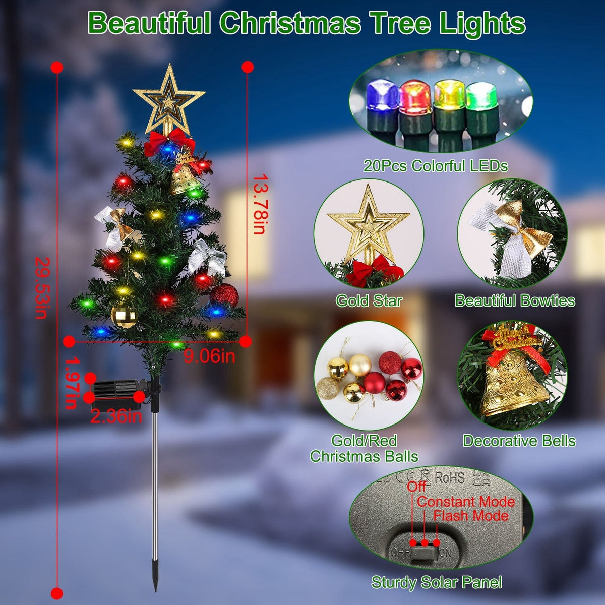 4Packs Solar Christmas Tree Lights Xmas Garden Decorations Tree Stake Lamp 20LEDs Solar Decor Light with Constant and Flashing Mode for Pathway Yard P
