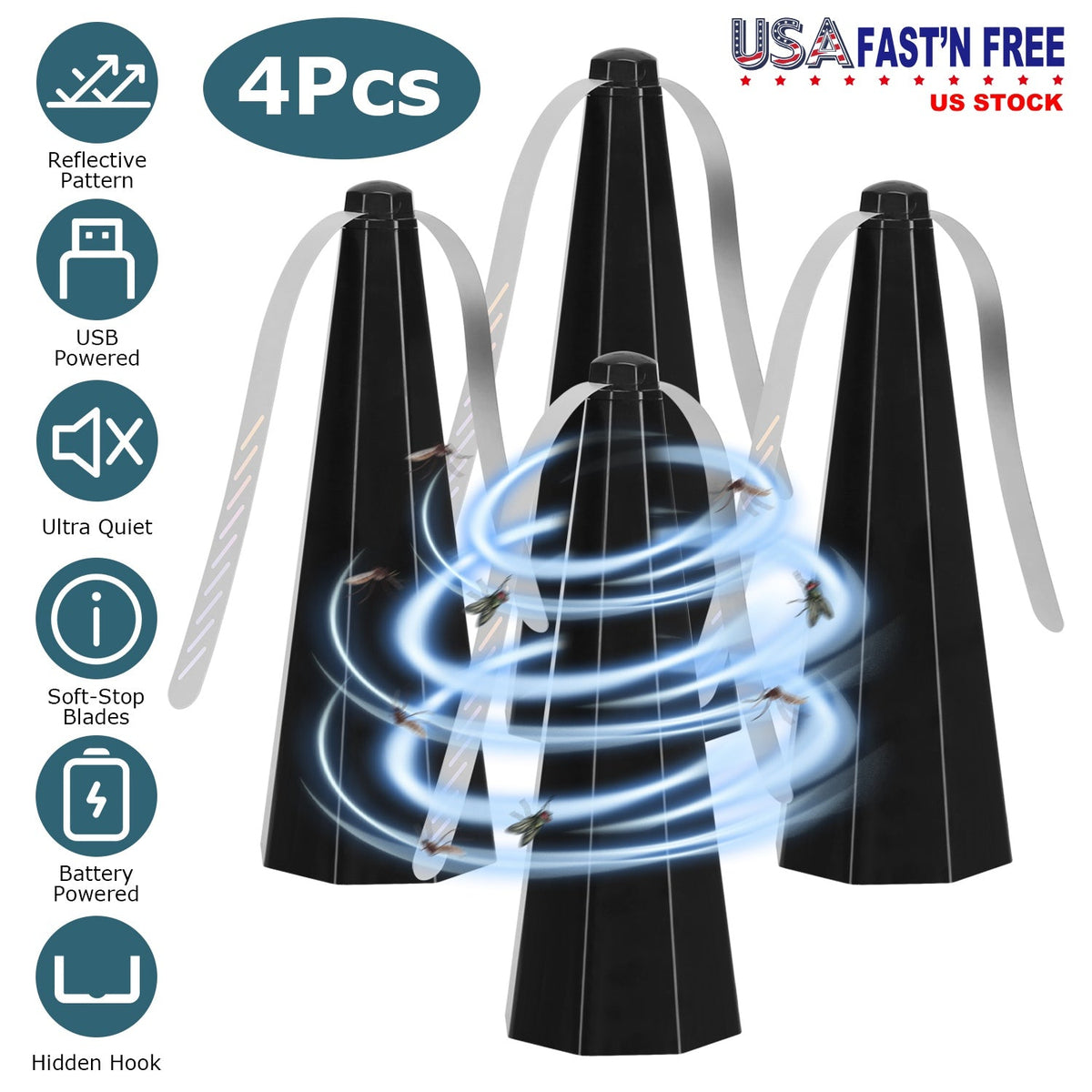 4Pack Fly Table Fans Battery USB Powered Bug Fans Food Fans Fly Table Spinners Traps with Hook for Party BBQ Picnic Camping