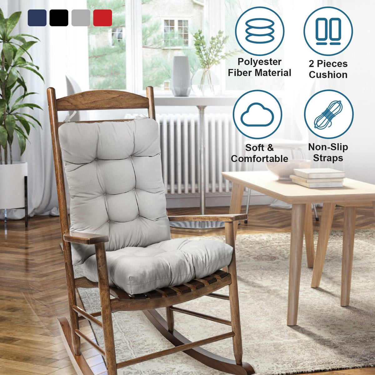 2Pcs Rocking Chair Cushion Upper And Lower Back And Seat Sets with Non-Slip Ties Polyester Fiber Filling Comfortable for Indoor Home Office Car