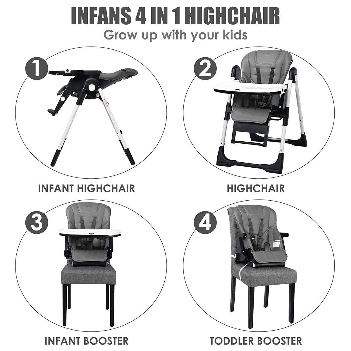 4-in-1 High Chair–Booster Seat with Adjustable Height and Recline-Gray