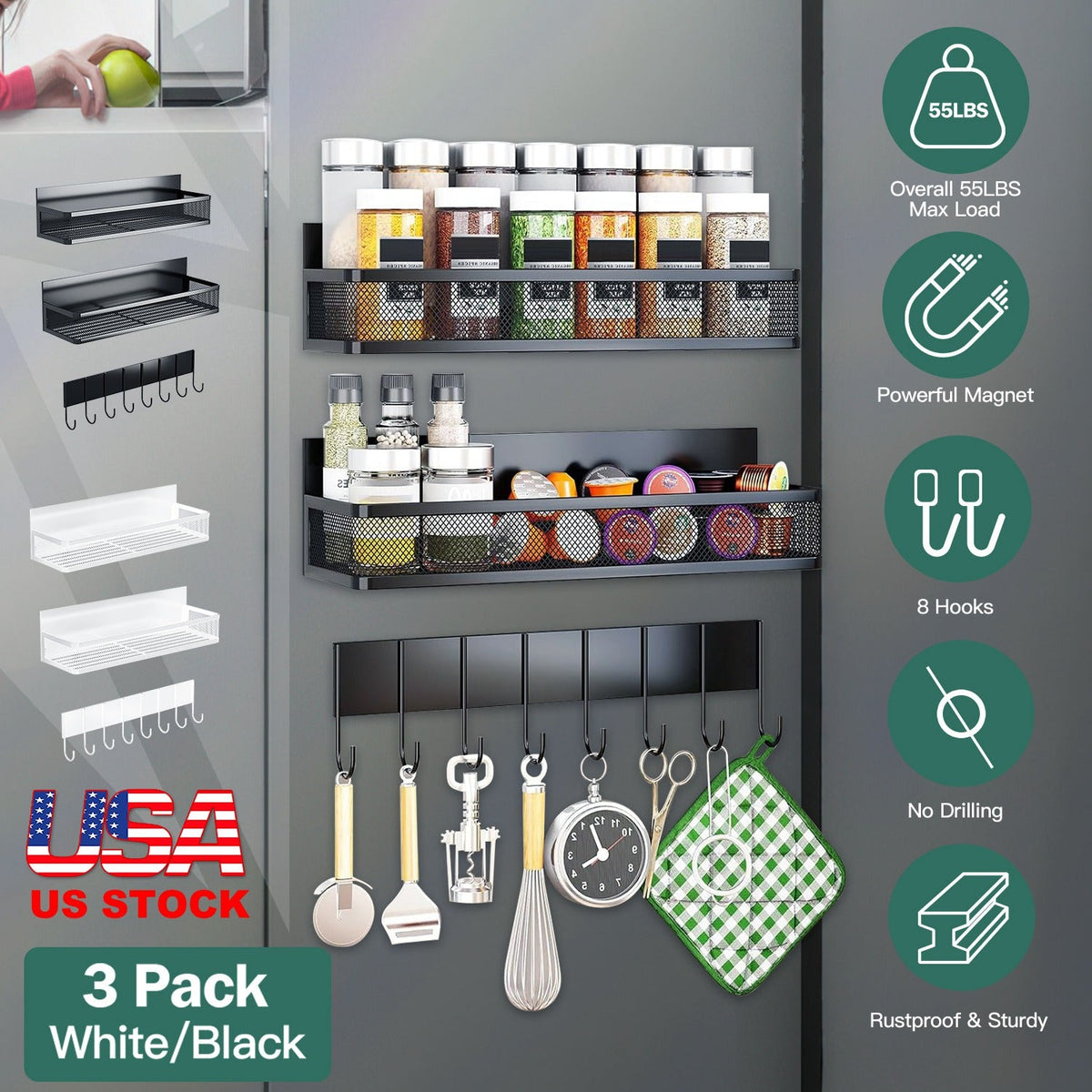 3 Pack Strong Magnetic Spice Rack with 8 Hooks Fridge Oven Microwave Magnetic Storage Shelves Seasoning Holder Organizer for Jars Seasoning Tins Utens