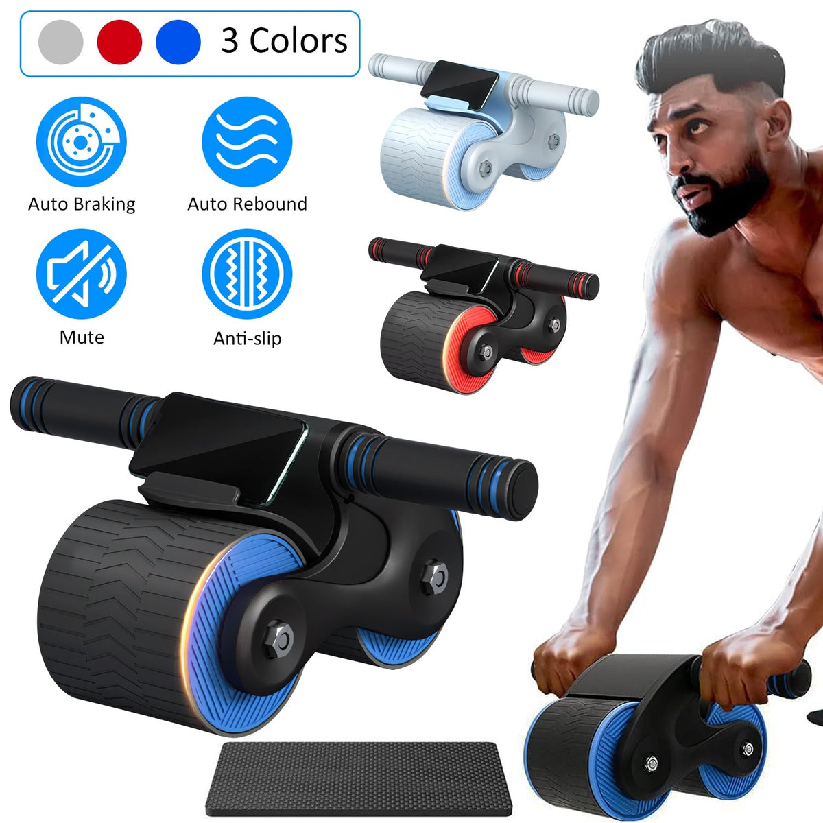 Automatic Rebound Abdominal Wheel Anti-slip AB Roller Wheel with Kneel Pad Phone Holder Home Gym Abdominal Exerciser for Men Women