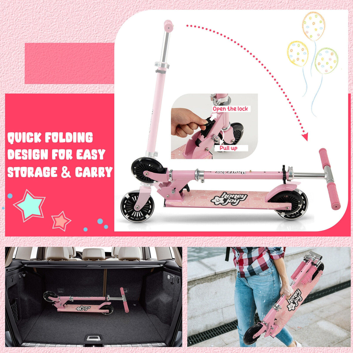 Folding Kick Scooter with 3 Adjustable Heights for Kids-Pink