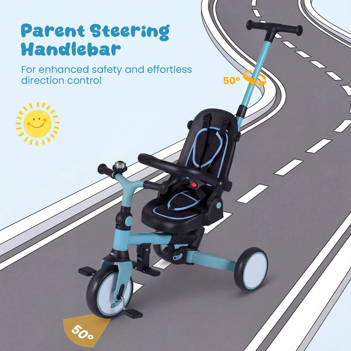 8-in-1 Folding Kids Tricycle with Removable Canopy and Push Handle