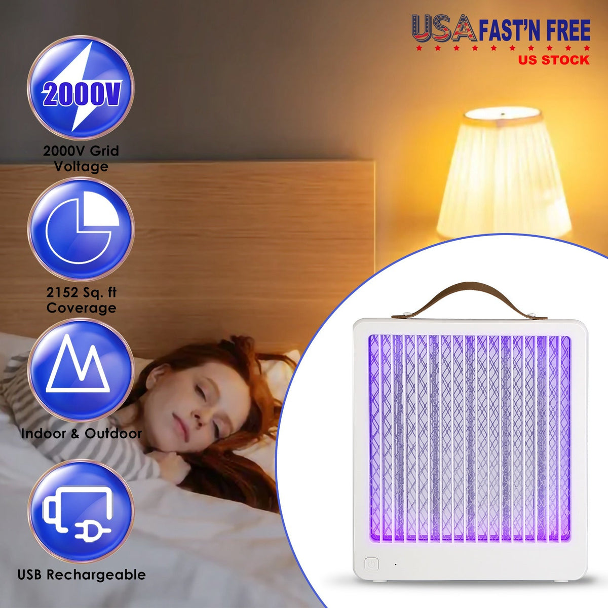 LED Bug Zapper Indoor Outdoor Mosquito Lamp Insect Killer with Handle for Kitchen Bedroom Office Cover 2152 Square Feet