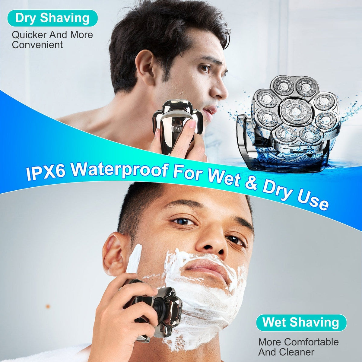 6 In 1 9D Electric Head Shaver for Men Cordless Rechargeable Wet Dry Razor with LED Display Travel Lock Stall Protection Cleaning Reminder