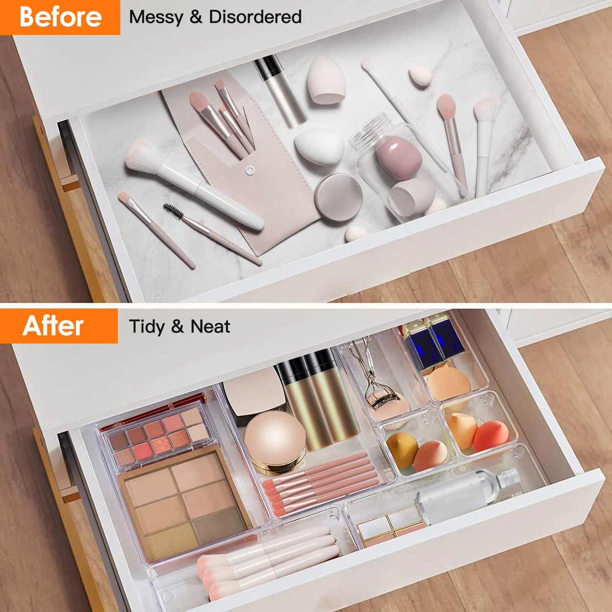 25Pcs Clear Plastic Drawer Organizers Set 4 Sizes Desk Drawer Dividers Trays Storage Bins for Vanity Cabinet Makeup Bathroom Office Kitchen Bedroom Je