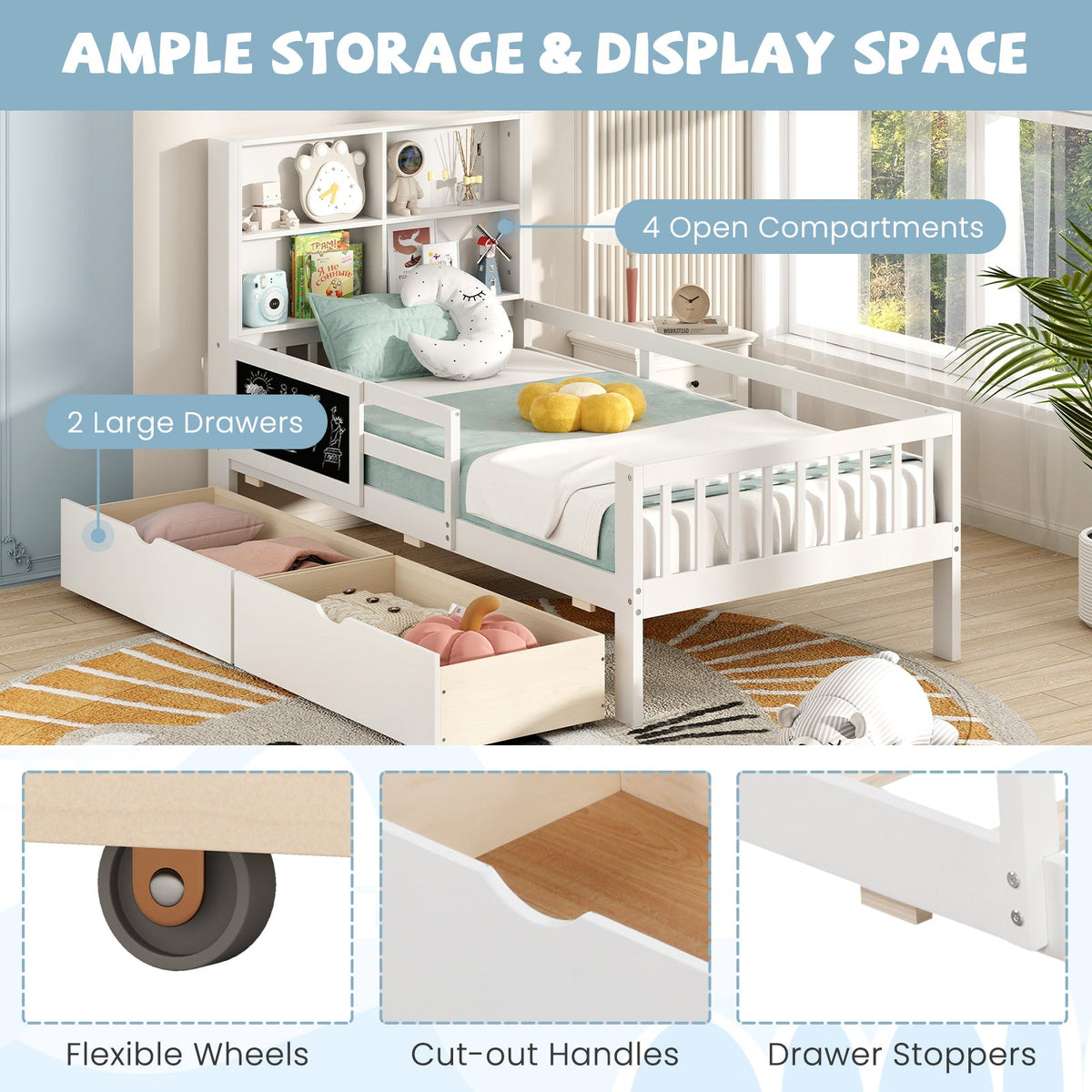 Twin/Full Size Bed Frame with 2 Drawers and Bookcase for Boys and Girls-Twin Size