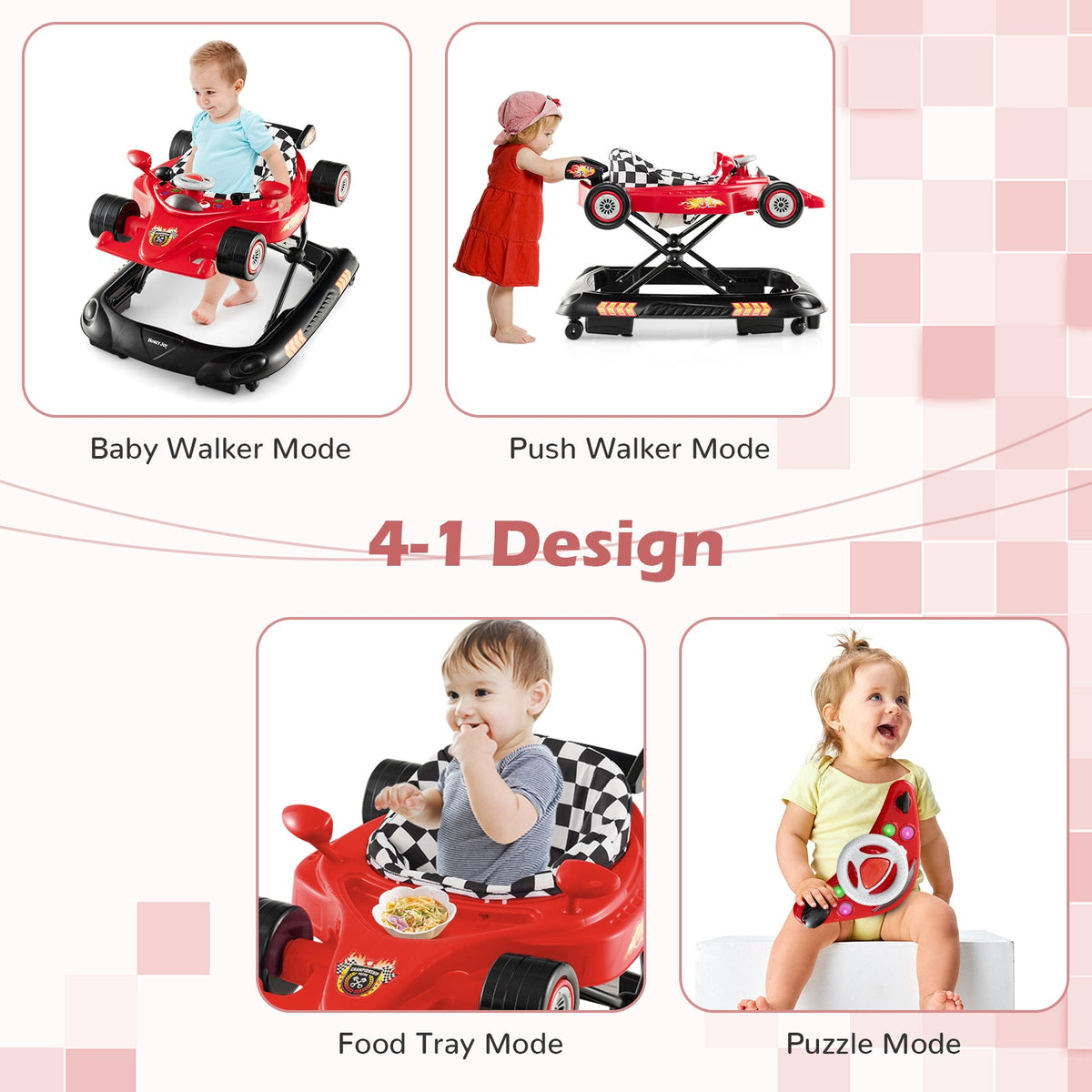 Convertible Baby Walker with 3 Adjustable Height Settings-Red