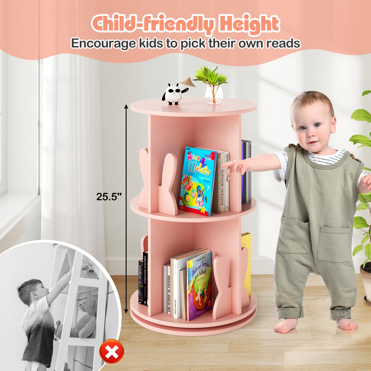 2 Tier Freestanding Kids Rotating Bookshelf Storage Rack with Bunny Baffles-Pink