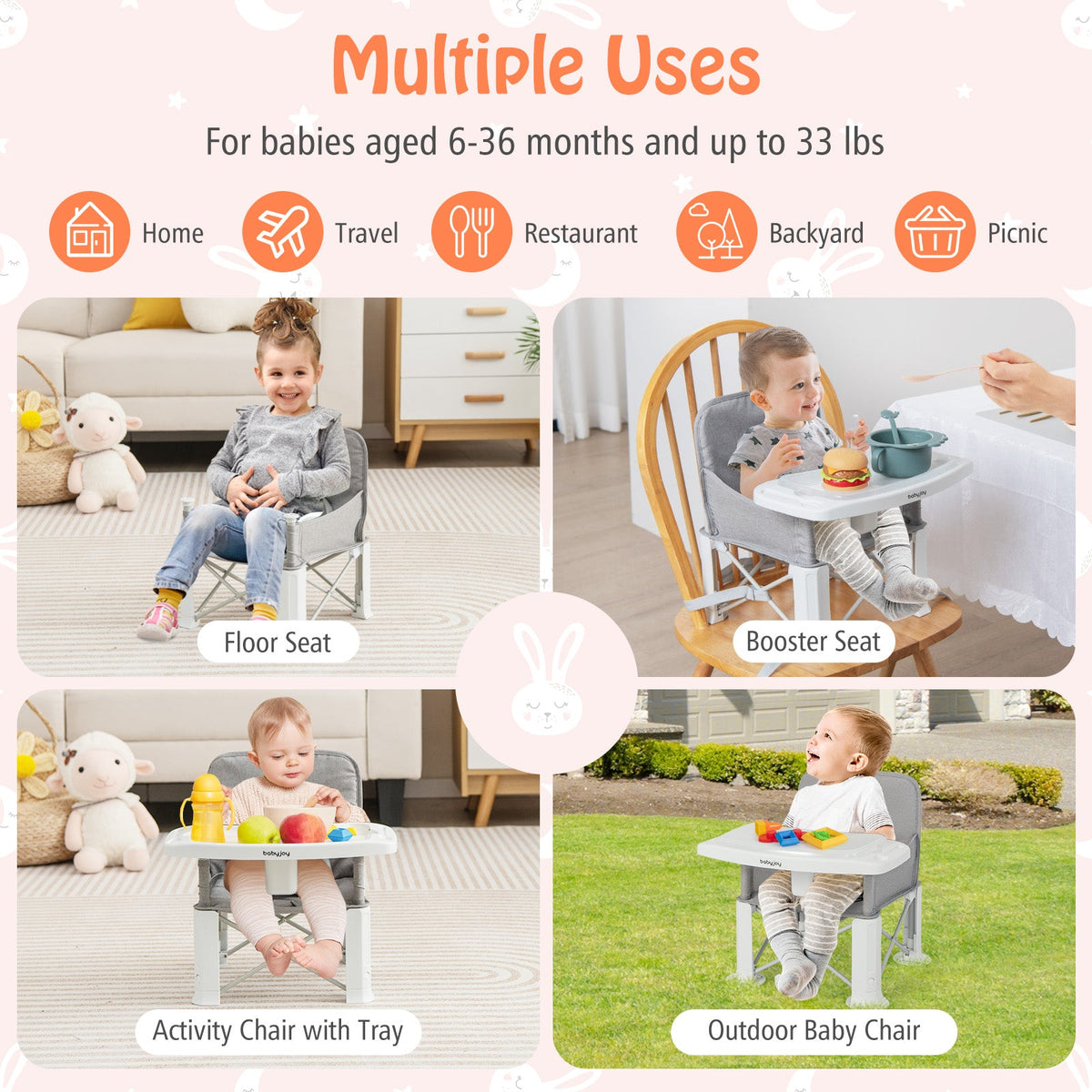 Portable Baby Booster Seat with Straps and Double Tray-Gray