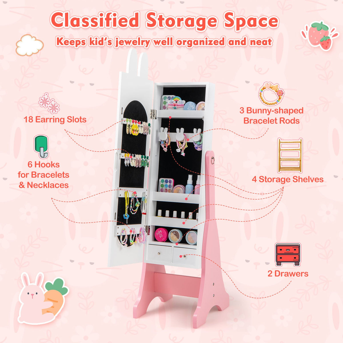 Kids Jewelry Armoire Cabinet with 2 Tilt Angles and Large Capacity-White