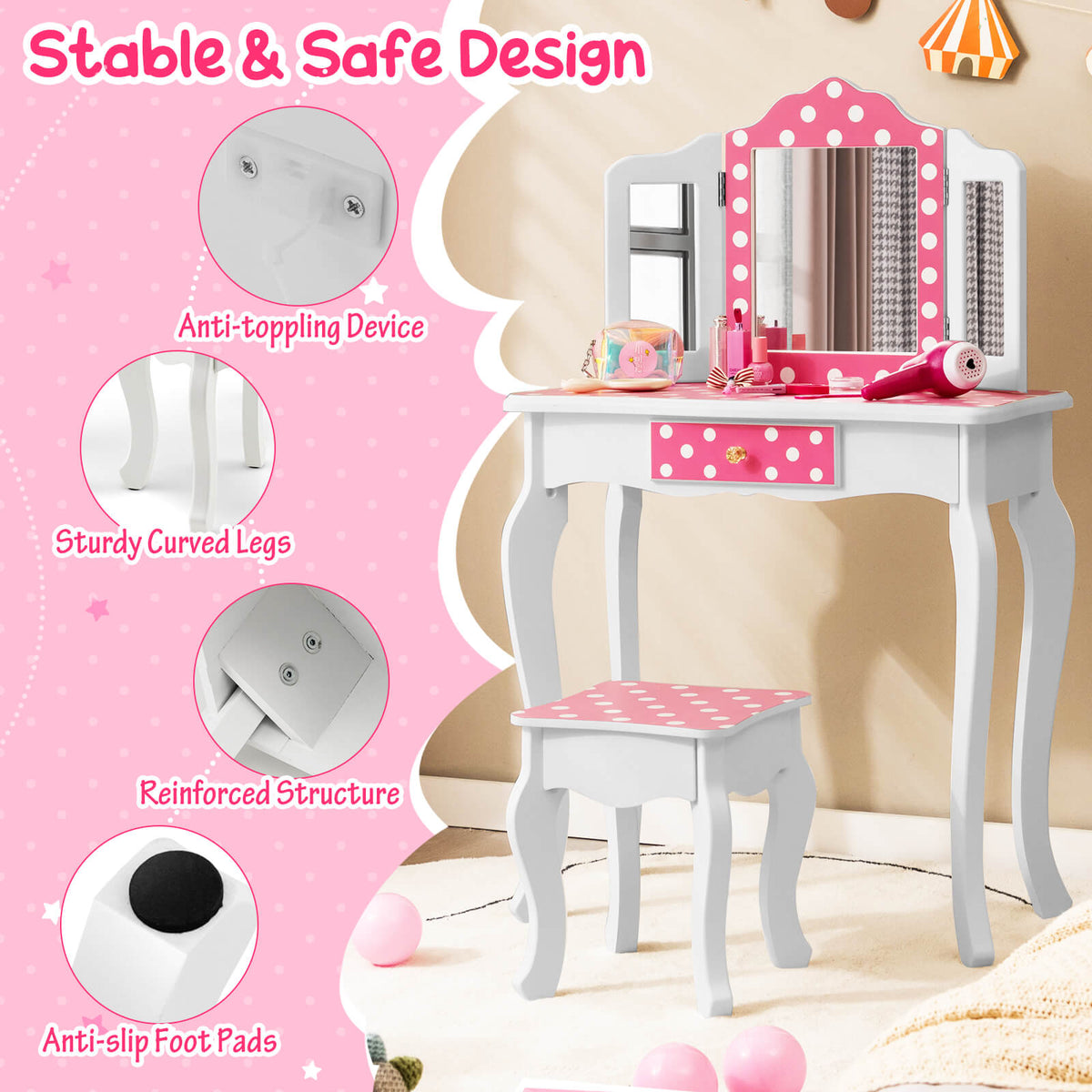 Kids Vanity Table and Stool Set with Cute Polka Dot Print-Pink
