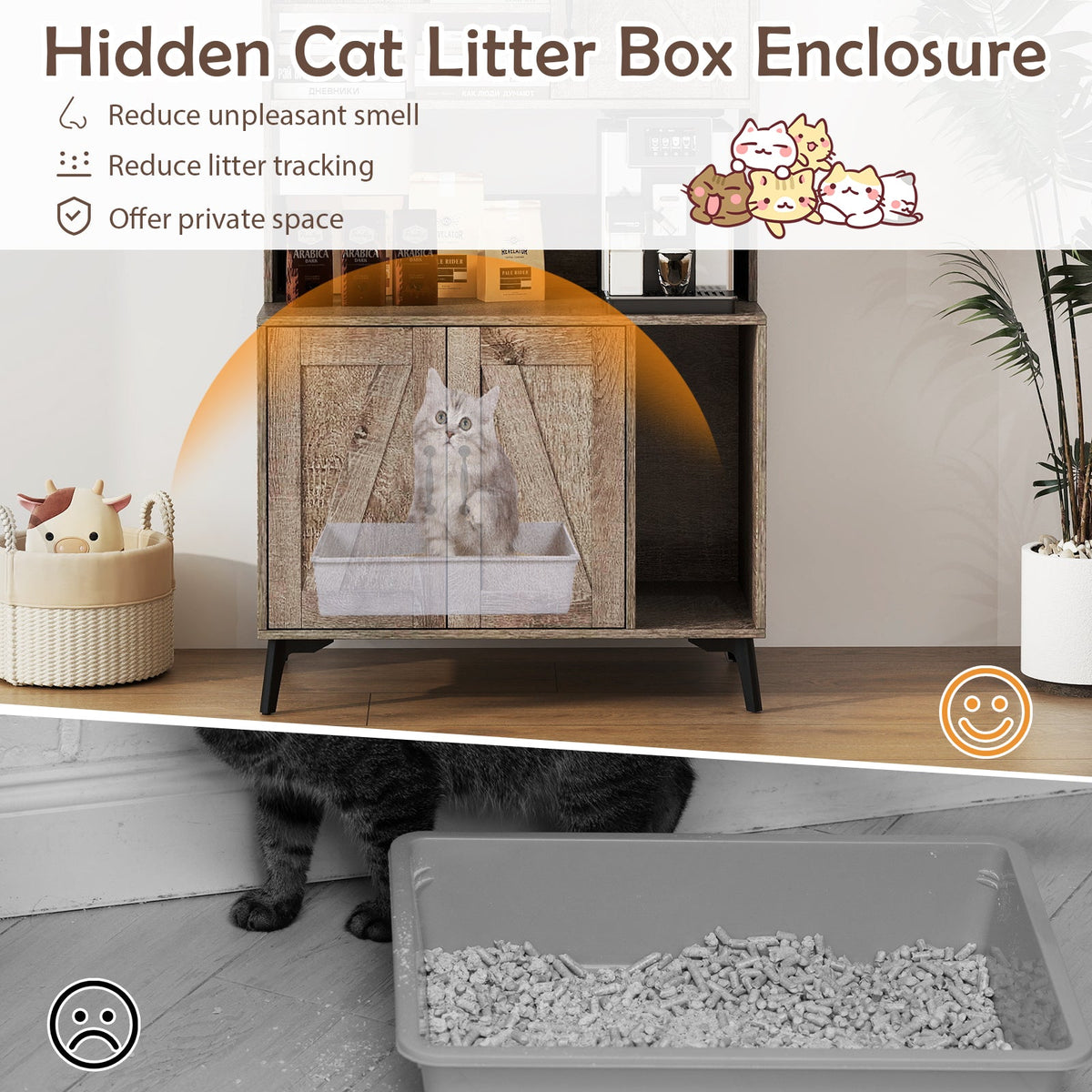 Large Cat Litter Box Enclosure with Display Storage Shelves-Oak