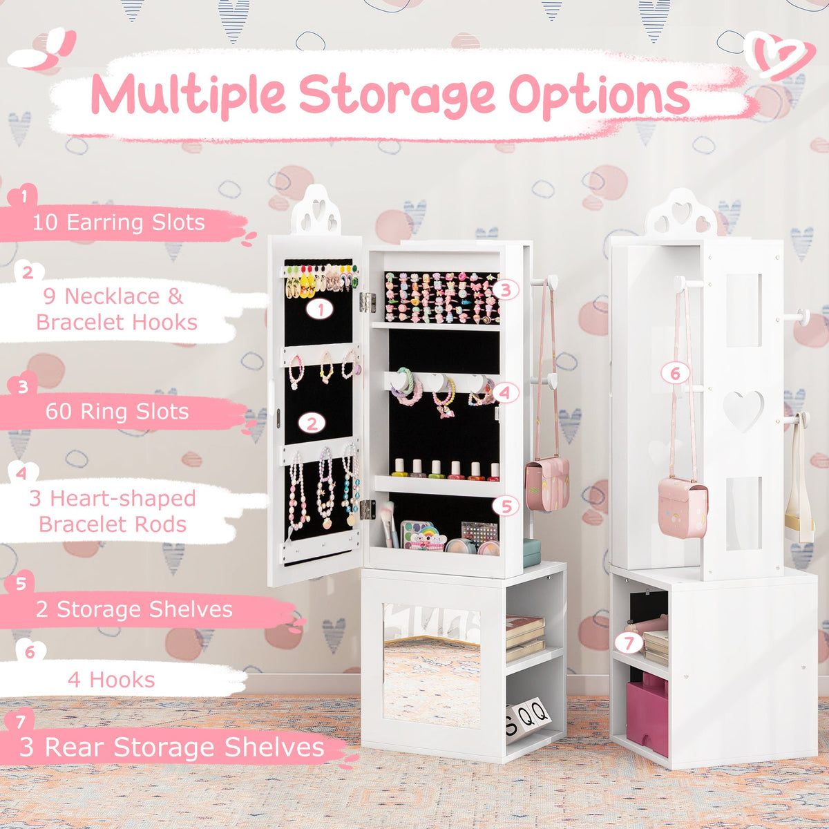 Princess Vanity Table and Stool Set Freestanding Jewelry Cabinet Armoire with Full-Length Mirror-White