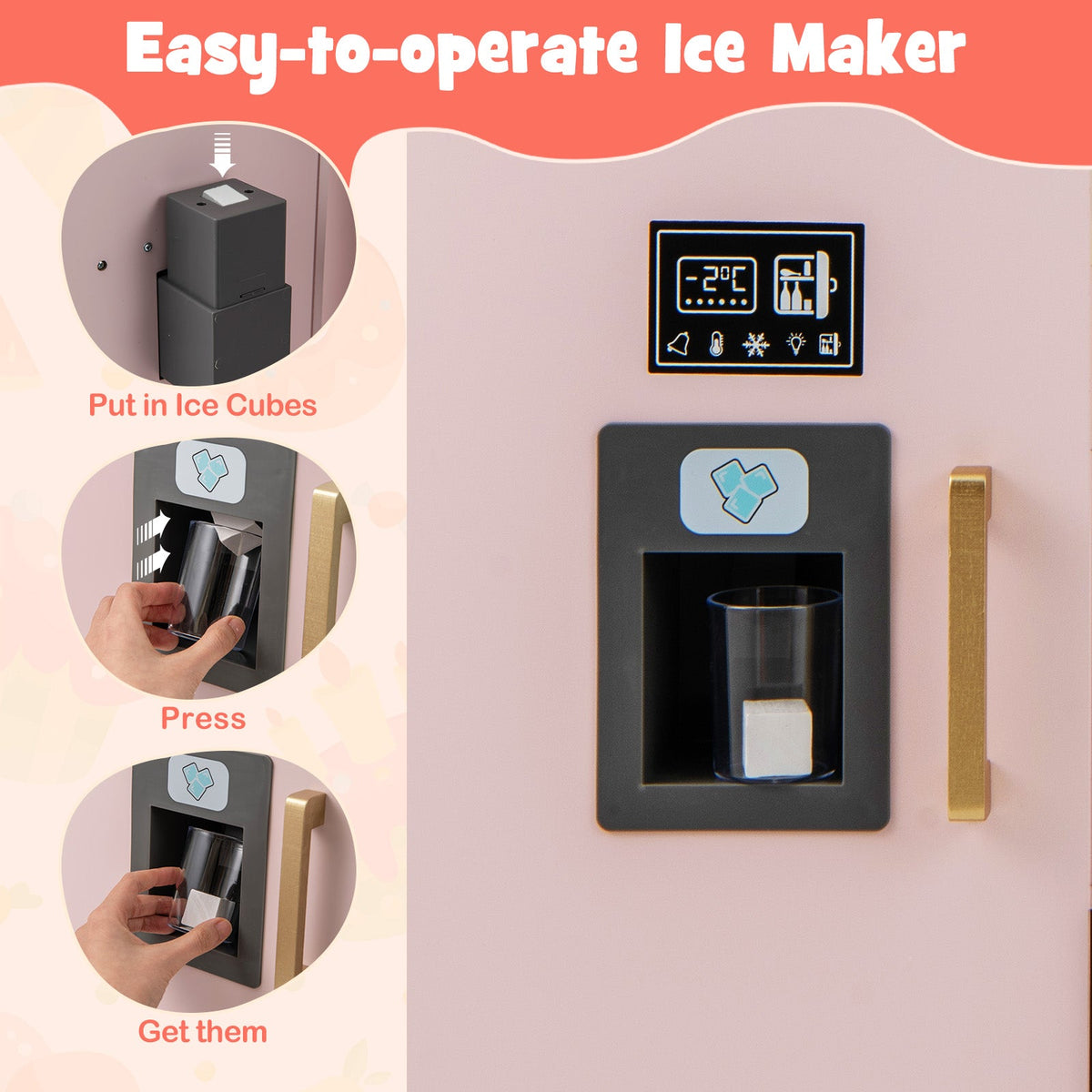 Wooden Kids Kitchen Playset with Chalkboard Ice Maker Sink Lighted Microwave-Pink