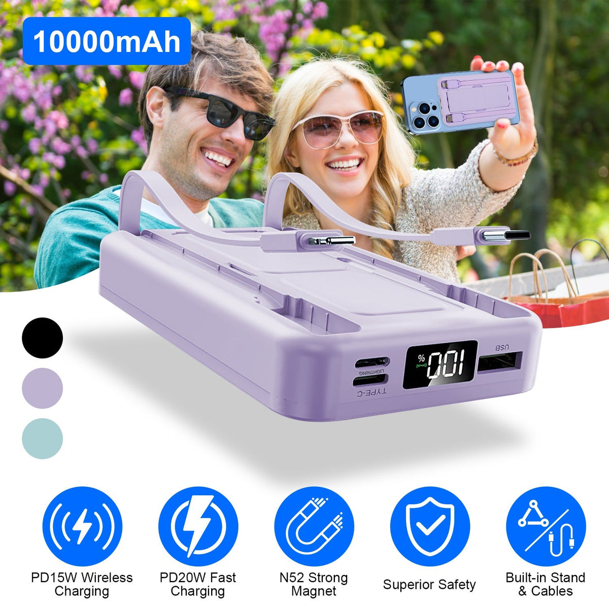3 In 1 10000mAh MagSafe Fast Charging Power Bank PD20W Portable Charger with 2 Built In Cables Stand Fit for IOS Phone 16 15 13 Series And More