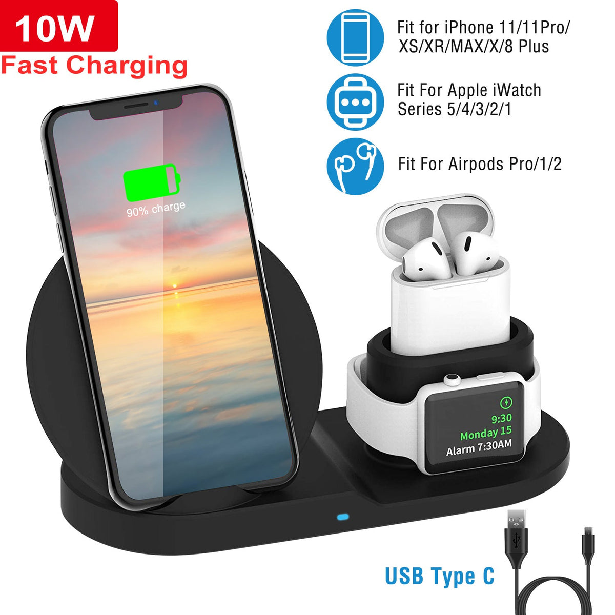 Wireless Charger 10W Fast Charging Station For iPhone Apple iWatch Series 5/4/3/2/1 AirPods Fit For iPhone 11/11Pro/XS/XR/MAX/X/8 Plus/8 Samsung Galax