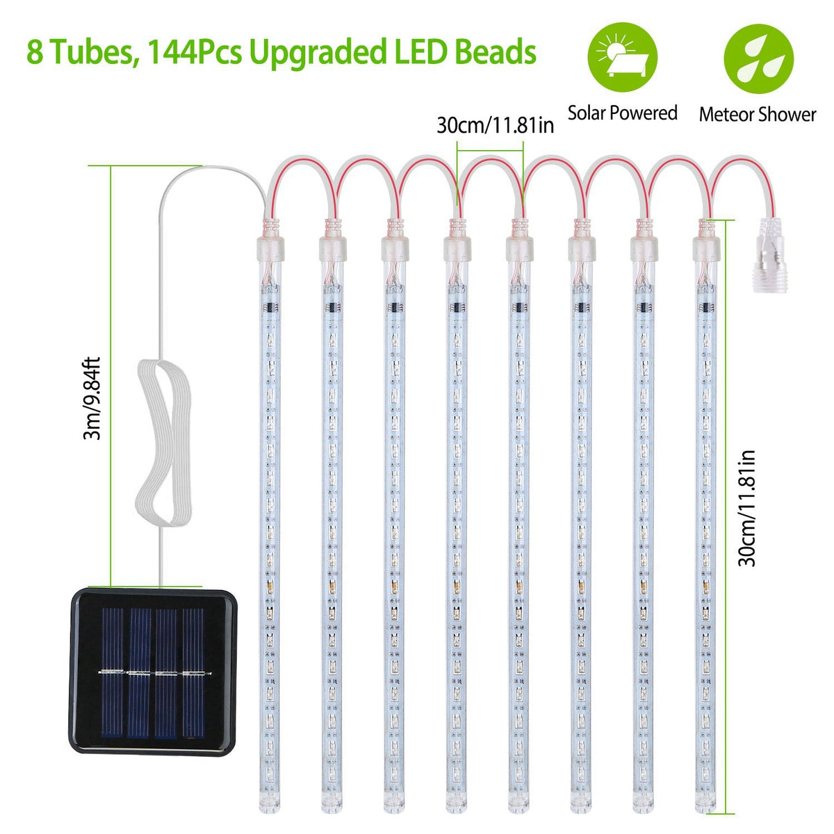Solar Powered Meteor Shower String Lights 9.84FT Falling Raindrop Tube Lamp Water Resistant Decorative Lights For Tree Home Garden Parties