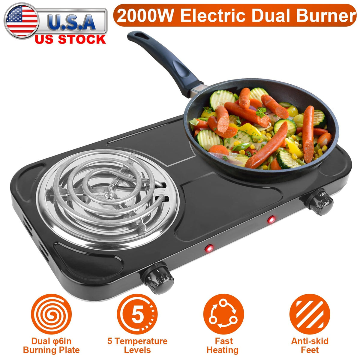 2000W Electric Double Burner Portable Coil Heating Hot Plate Stove Countertop RV Hotplate with Non Slip Rubber Feet 5 Temperature Adjustments
