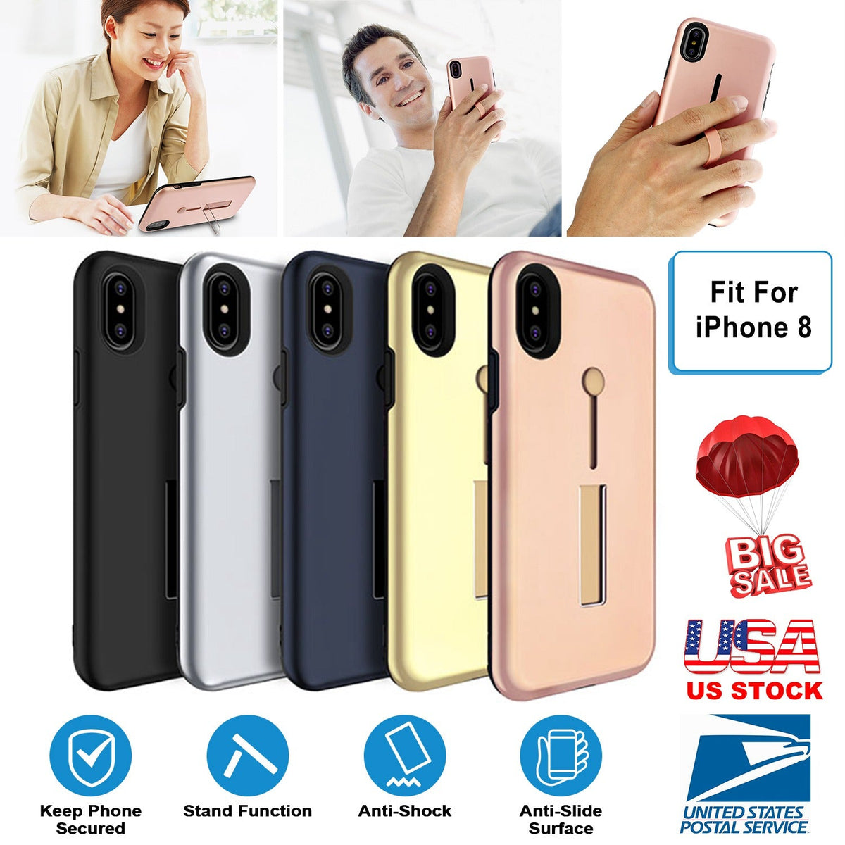 Finger Strap Phone Case for iPhone 8 Drop-prot ection Finger Ring Rugged Phone Case with Kickstand Dual Layer Case