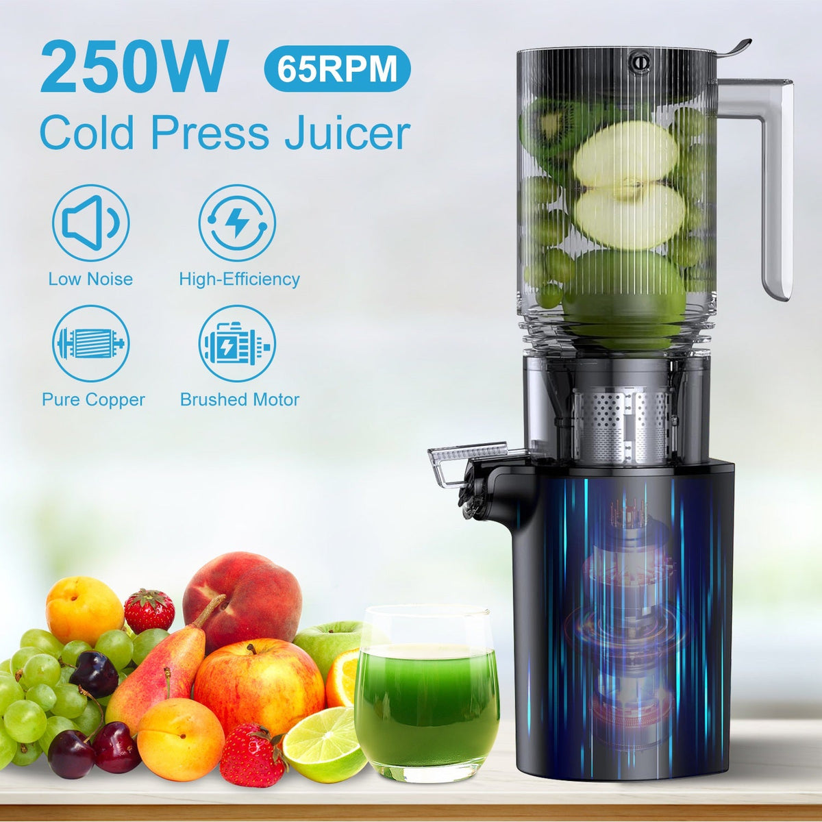 Cold Press Juicer Machine With 3.93In Feed Chute Fit Whole Fruits Vegetable 250W Slow Masticating Juicer With Reverse Function 2 Containers Easy To Cl