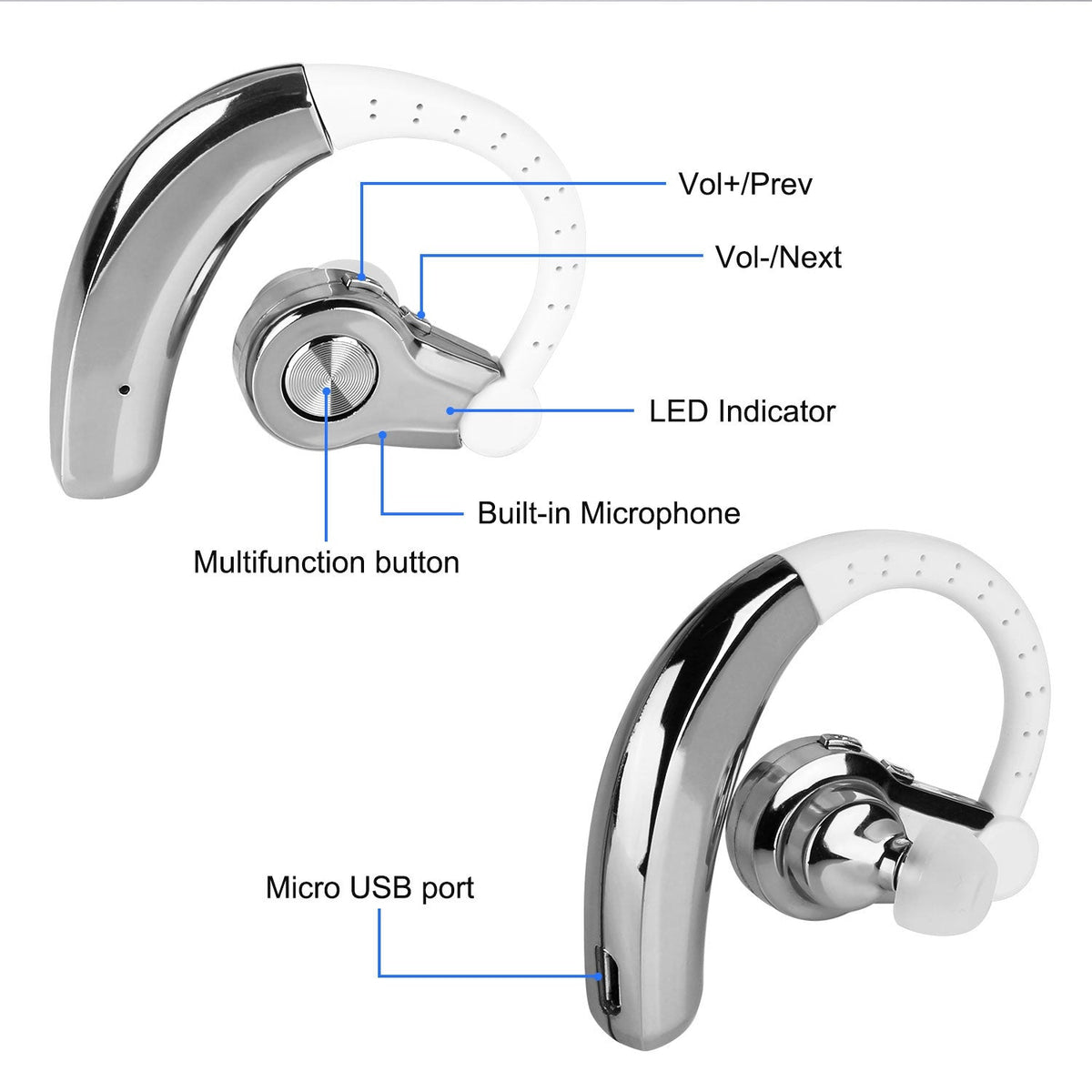 Wireless Earpiece Right In-Ear Wireless Earphone w/ Mic Earhook For Business Office Driving 120Hrs Playtime