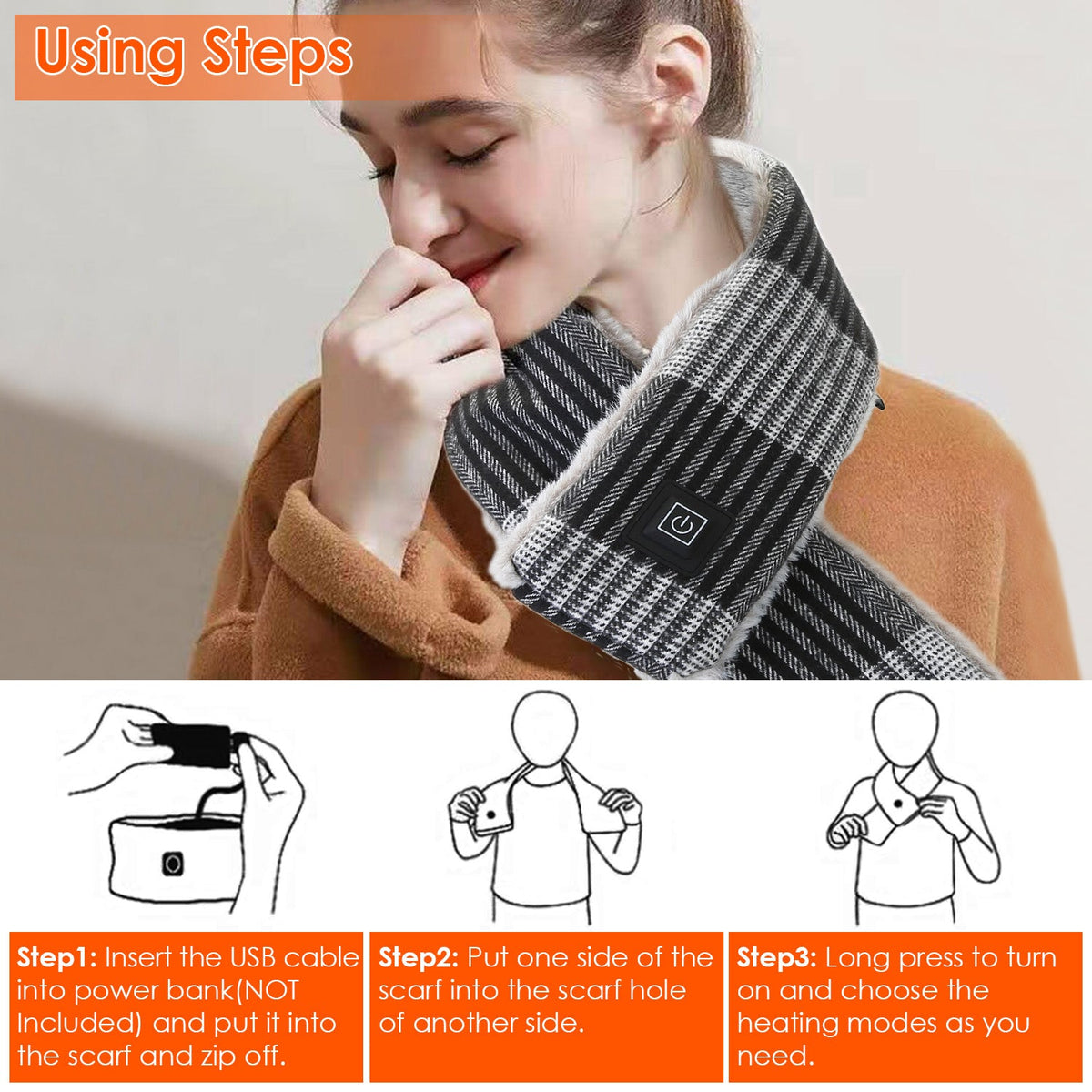 Electric Heated Scarf USB Heating Neck Wrap Unisex Winter Heated Neck Shawl Soft Warm Scarves w/ 3 Heating Modes