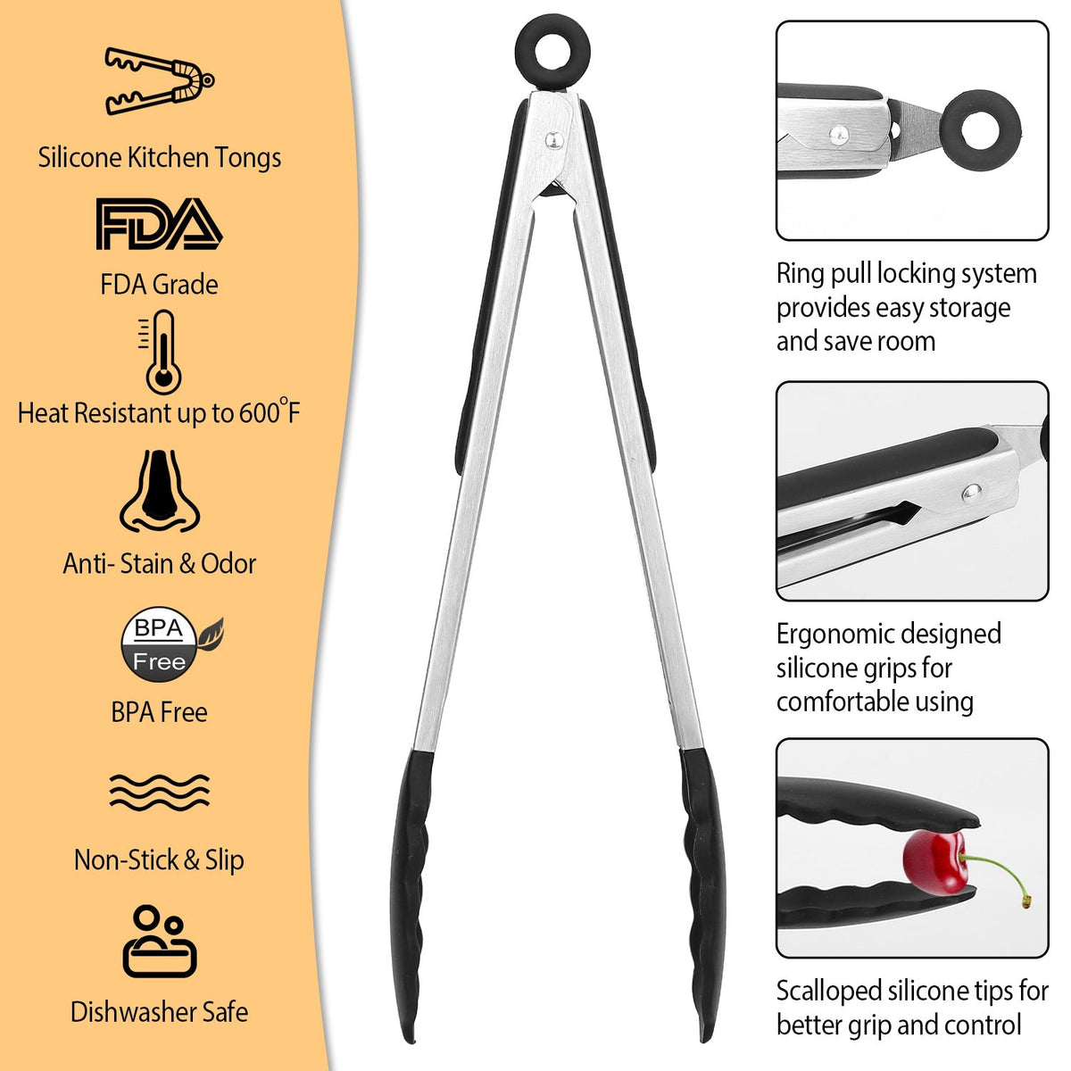3Pcs Kitchen Tongs Stainless Steel Locking Food Tongs with Silicon Tips BPA Free Non-Stick BBQ Cooking Grilling Locking Food Tongs High Heat Resistant