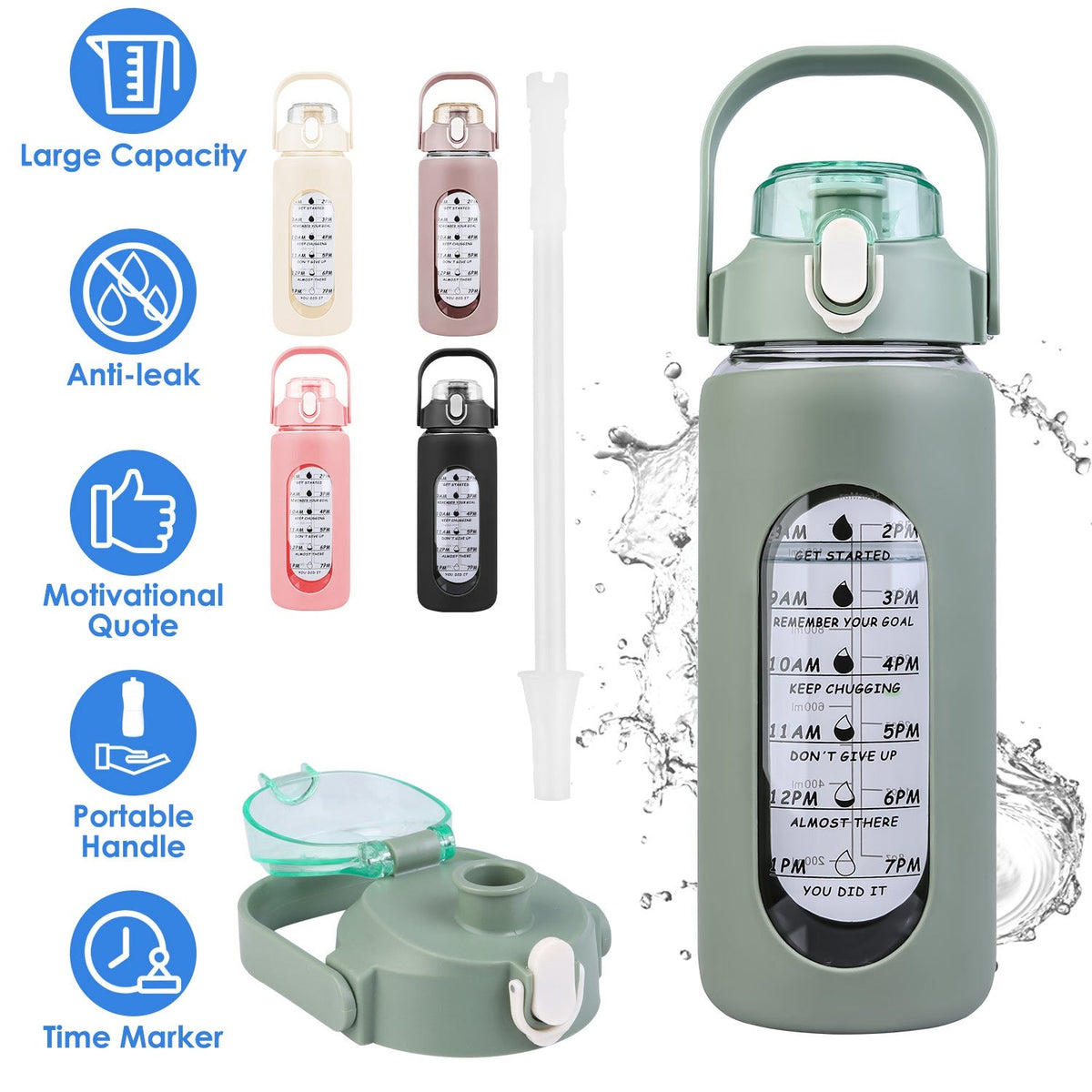 34Oz Glass Water Bottle Sports Water Bottle Motivational Water Bottle Water Intake Tracker Bottle with Straw Time Marker Silicone Sleeve Handle for Gy