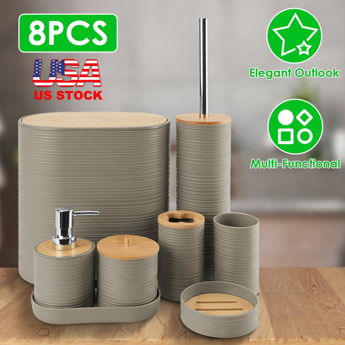 8Pcs Bathroom Accessories Set Bathroom Holder Set with Soap Dispenser Toothbrush Holder Cup Soap Dish Toilet Cleaning Brush Trash Can Qtip Holder Vani
