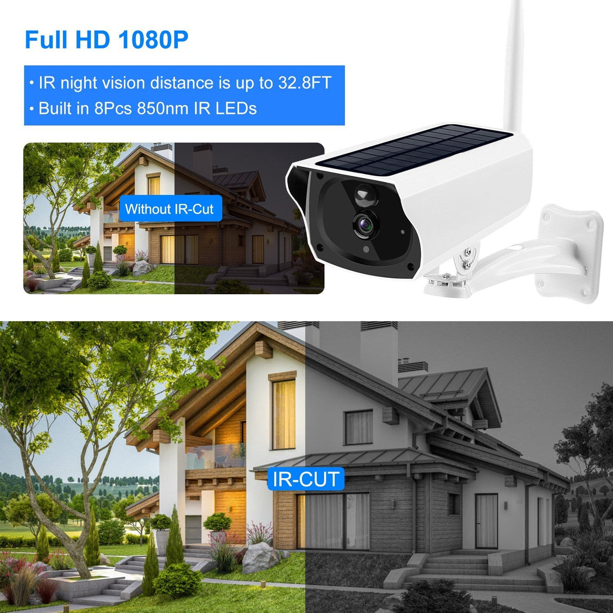 1080P Solar Powered WiFi IP Camera Two-Way Intercom Security Surveillance Camera IP66 Waterproof Motion Sensor Night Vision Network Camcorder APP Cont