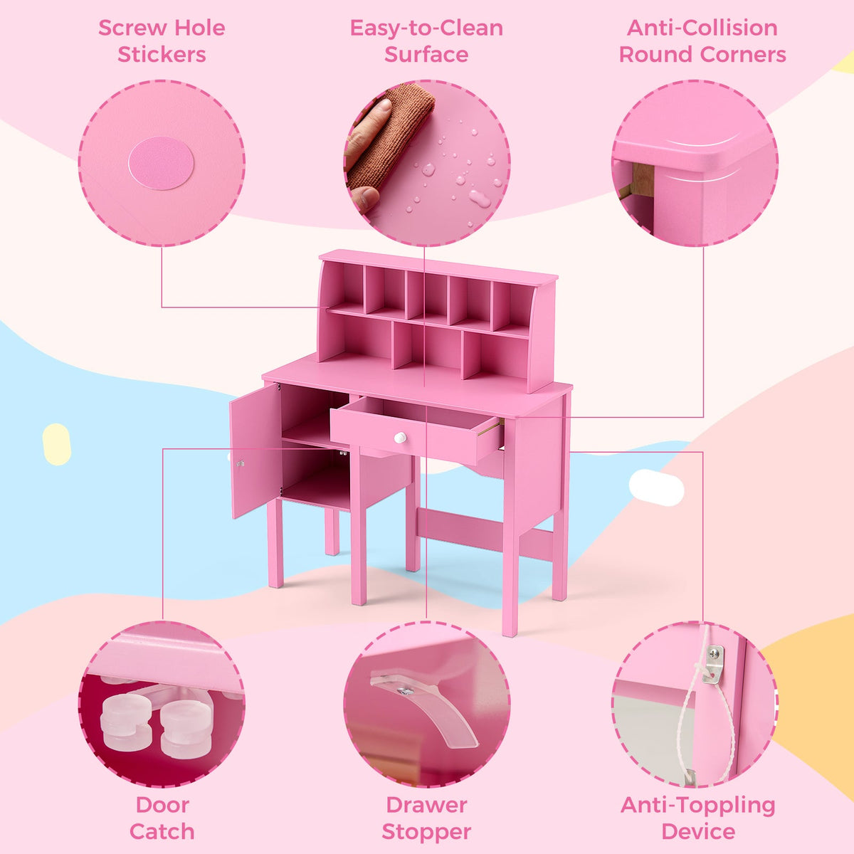 Kids Study Desk and Chair Set with Chair Hutch and Storage Cabinet for 3+ Years Old-Pink
