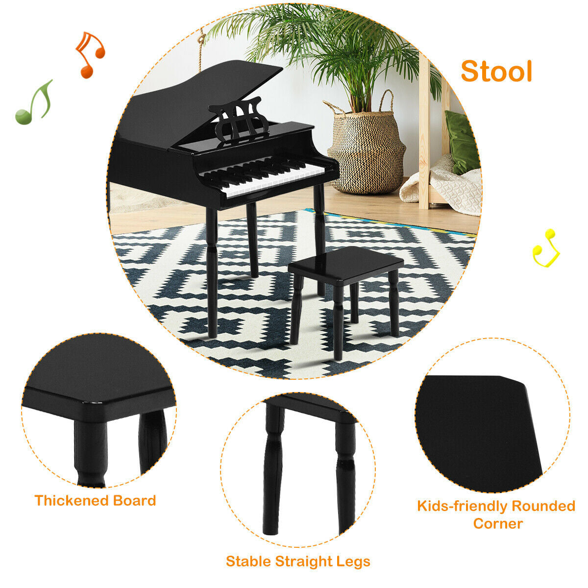 30-Key Wood Toy Kids Grand Piano with Bench & Music Rack-Black