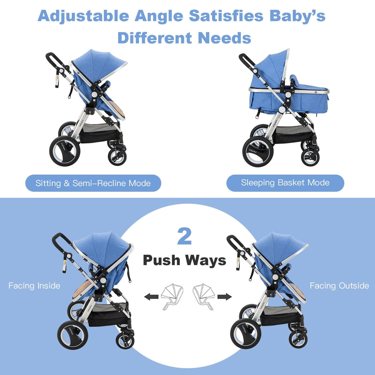 Folding Aluminum Baby Stroller Baby Jogger with Diaper Bag-Blue