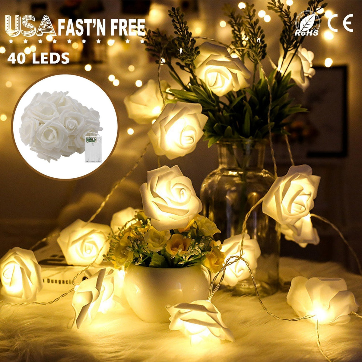 40 LEDs Rose Flower String Lights 10ft/3m Battery Operated Decorative Lights for Anniversary Valentine\'s Wedding Bedroom