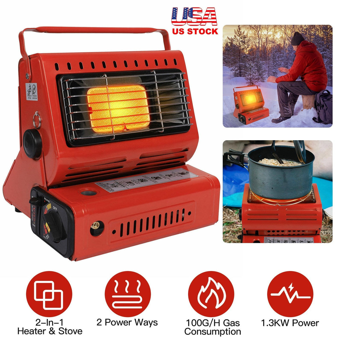 2 in 1 Portable Butane Burner Heater Outdoor Butane Gas Heater Warmer Heating Cooking Stove Cooker for Camping Fishing RV Travel