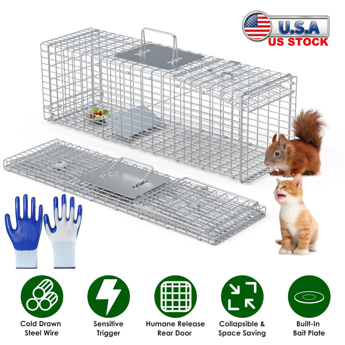 Live Animal Trap Cage 27x7.5x8in Folding Catch and Release Steel Humane Cat Trap for Racoons Stray Cats Rabbits Beavers Hedgehogs Chipmunk Small Anima